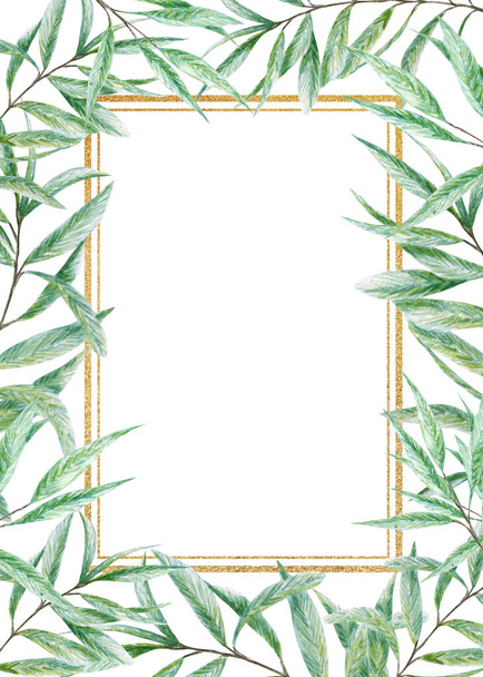 Greenery Watercolor leaves gold frame, Realistic olives tree branch illustration on white background, Hand painted wedding invitation. Border design for poster, greeting card, label concept. - Foto, Imagen