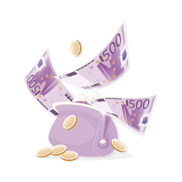 Lila portemonnee. Euro biljetten, gouden munten. Vallen geld geïsoleerd op witte achtergrond. 500 Euro-biljet - Vector, afbeelding