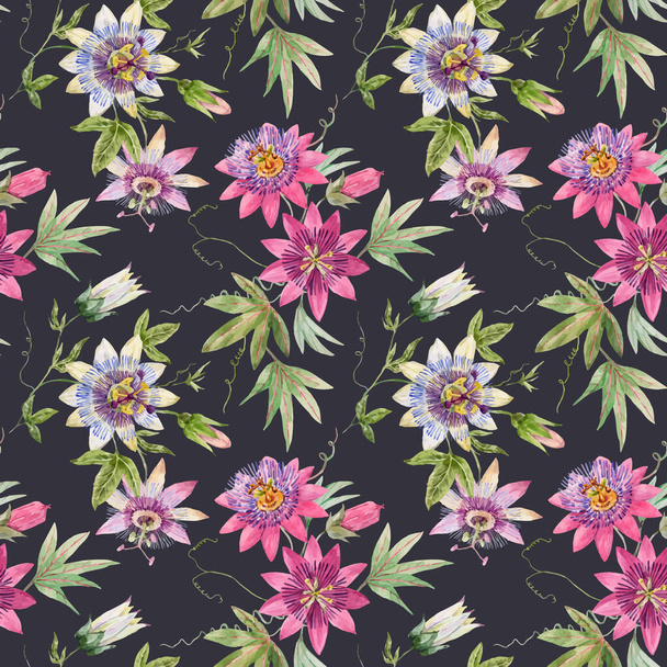 Beautiful vector seamless floral pattern with watercolor summer passionflower flowers. Stock illustration. - ベクター画像