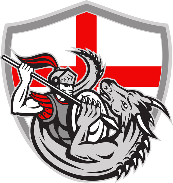 englischer Ritter kämpft gegen Drachen Englands Flaggenschild retro - Vektor, Bild