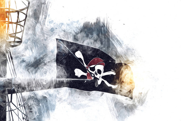 Schedel en botten op een piratenvlag, kunst illustratie tekening schets vintage - Foto, afbeelding