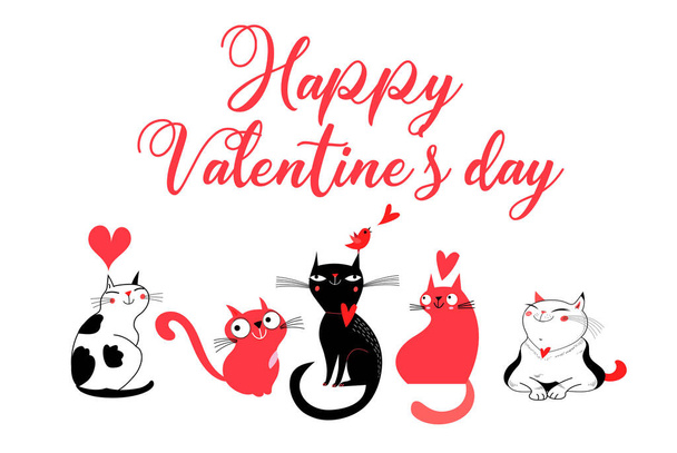 Bright cheerful greeting card with a loving portrait of cats for Valentine's Day. Funny cats in love with hearts for the holiday. - Вектор, зображення