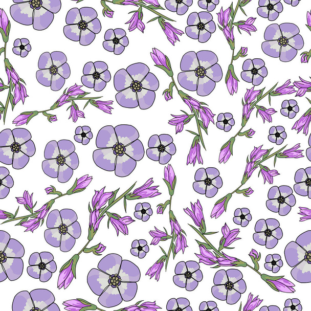 seamless pattern with purple flowers of two types, single flowers and small twigs, vector  illustration for design and creativity - Vector, Image
