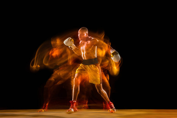 Professional boxer training isolated on black studio background in mixed light - Фото, зображення