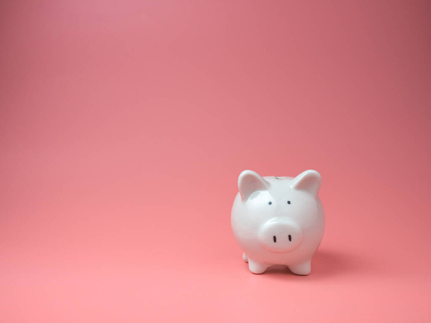 white piggy Bank on pink background with copy space for design. - Photo, Image
