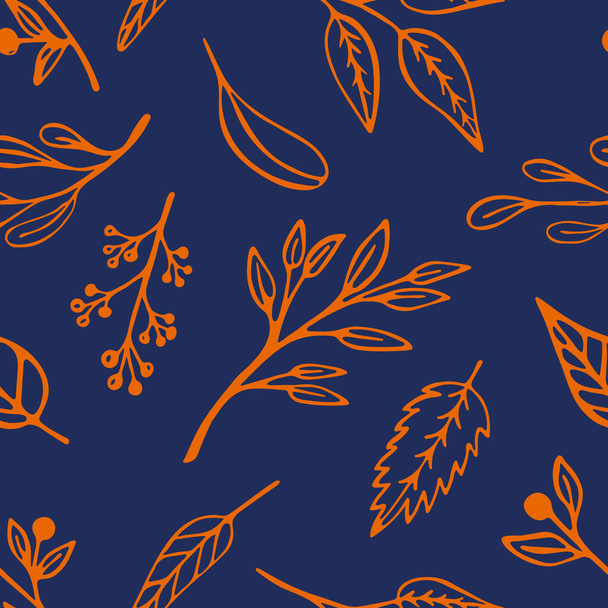 Autumn leaf seamless pattern in trendy 2020 colors. Indigo background with orange leaves, plants and sprigs in line art - Vetor, Imagem