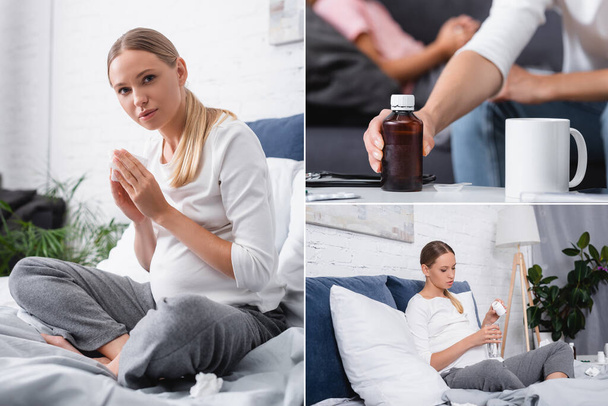 Collage of pregnant woman holding jar of pills and glass of water and taking syrup near daughter - Foto, Imagem