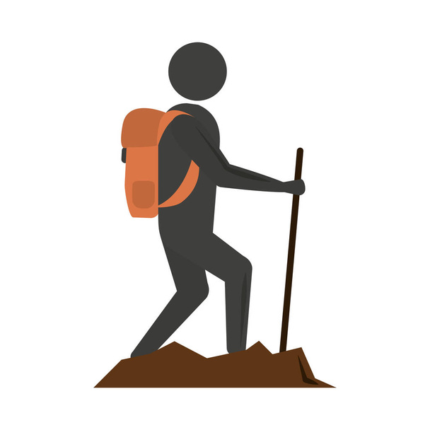 viajes de vacaciones de verano, hombre viajero caminando con mochila y palo estilo icono plano - Vector, imagen