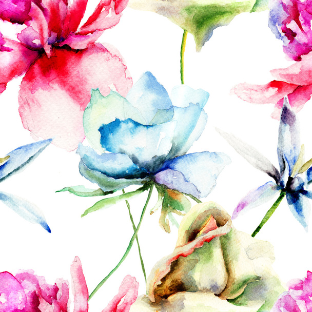 Seamless wallpaper with stylized flowers - Zdjęcie, obraz
