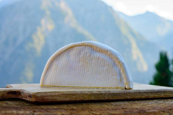 Cheese collection, French reblochon de savoie gratin cheese served outdoor with Alpine mountains peaks in summer on background - Photo, Image