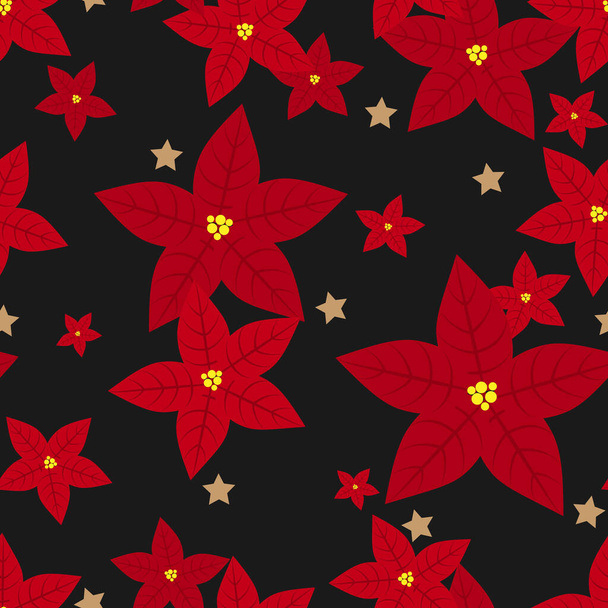 Christmas holiday seamless pattern of red Poinsettia, Christmas flowers and gold stars on black background. Design for winter holiday season background and wrapping papers etc. Vector illustration. - Vector, Image