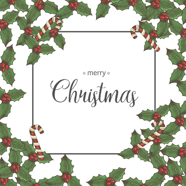 Christmas background with holly leaves and festive candies on black. Lettering. Hand-drawn elements, sketch.  - Vecteur, image