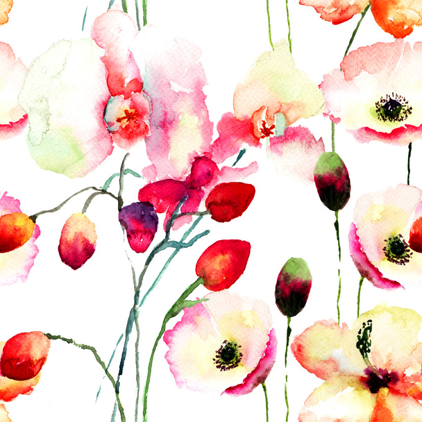 Seamless pattern with Pink orchids and Poppy flowers - Zdjęcie, obraz