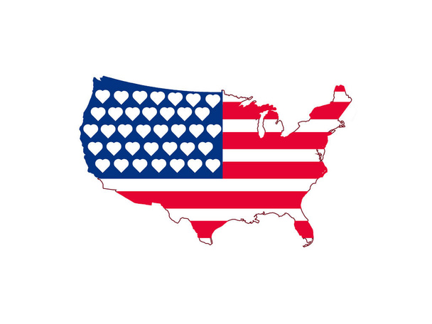 Americká vlajka se srdcem místo hvězd. Americká vlajka se znakem srdce na bílém pozadí. Tvar mapy Spojených států amerických. - Fotografie, Obrázek