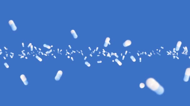 Viele medizinische Kapseln fliegen auf blauem Hintergrund. Medizin und Pharma-Konzept. 3D-Animation der rotierenden weißen Pillenkapsel. Schleifenanimation. - Filmmaterial, Video