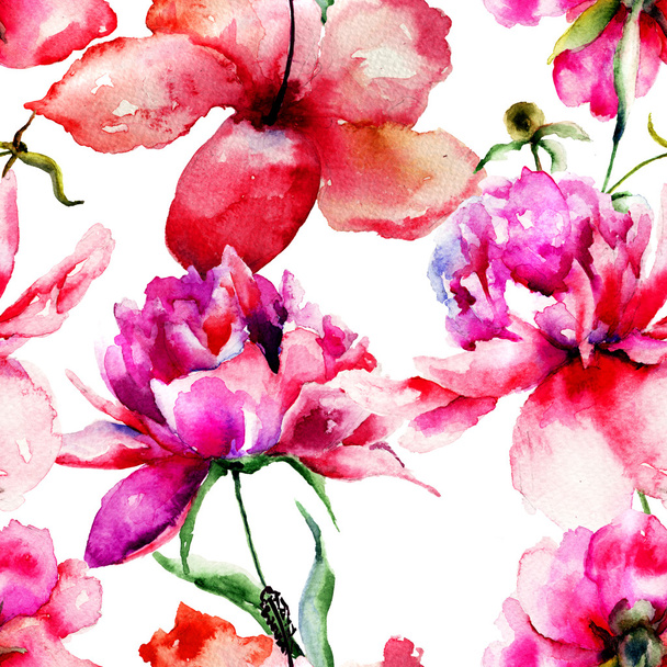 Seamless pattern with Lily and Peony flowers illustration - Zdjęcie, obraz
