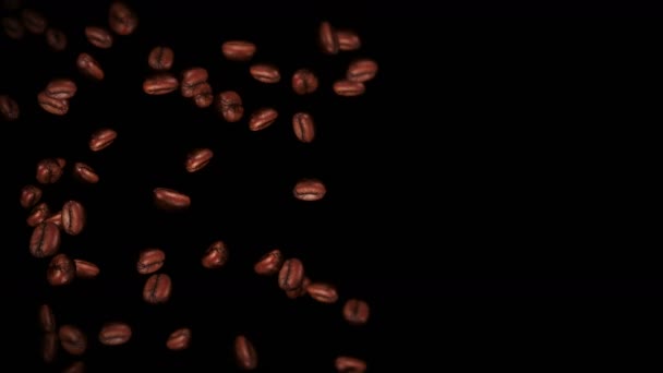 Viele Kaffeebohnen fliegen auf schwarzem Hintergrund. Koffeingetränk, Frühstück, Aroma. 3D-Animation von gerösteten Kaffeebohnen, die sich drehen. Schleifenanimation. - Filmmaterial, Video