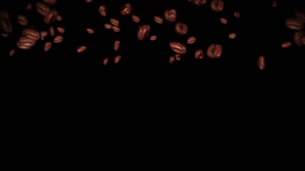Flying many coffee beans on black background. Caffeine drink, Breakfast, Aroma. 3D animation of roasted coffee beans rotating. Loop animation. - Footage, Video