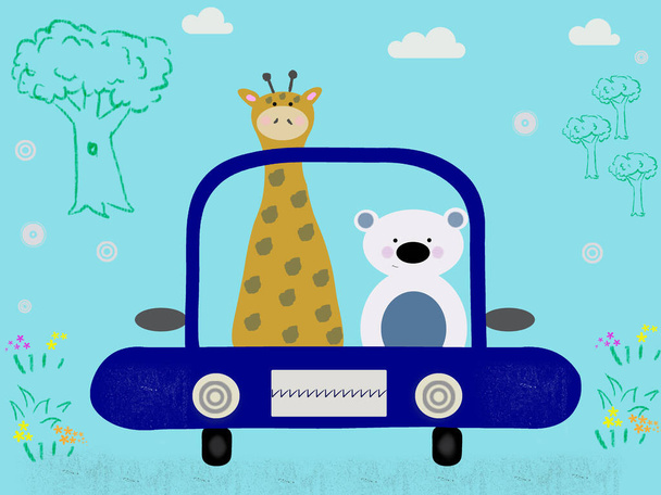 Cute animals on car Cartoon Background - Foto, Bild