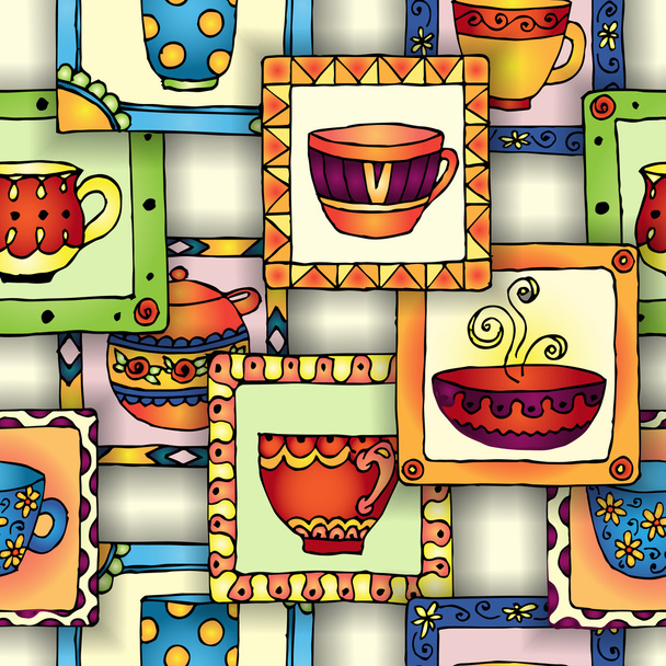 Tea cups and pots frame unique design. - Вектор,изображение