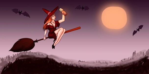Rote Hexe fliegt auf einem Besen. Vor dem Hintergrund von Vollmond und Fledermäusen. In den Händen des Tranks. Illustration zu Halloween. - Foto, Bild