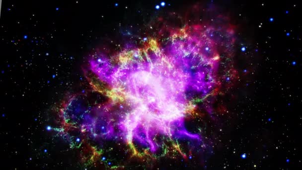 Vlucht naar de kleurrijke Krabnevel Pulsar supernova sterrenstelsel animatie. Reizen door sterrenvelden en sterrenstelsels in de diepe ruimte. Elementen van dit beeld geleverd door NASA. 4K 3D animatie gemaakt. - Video