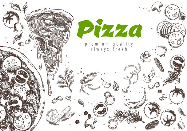 Pizza line prapor. Ryté styl čmáranice pozadí. Pikantní reklama na pizzu s ilustračně bohatým těstem. Chutný vektorový banner pro kavárny, restaurace nebo dodávky potravin - Vektor, obrázek