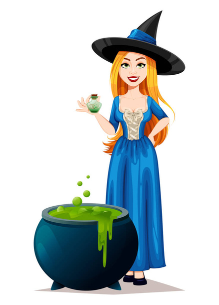 Happy Halloween. Beautiful witch cartoon character preparing potion. Vector illustration on white background - Vector, Image