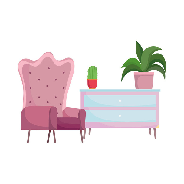 sillón muebles cajones con macetas plantas fondo blanco - Vector, Imagen