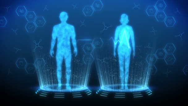 Erkek ve kadın sanal vücut. İnsan tıbbi hologram animasyonu. Dijital bilgi grafiği. Tıp ve sağlık hizmetleri kavramı. Yüksek teknoloji gelecek döngü canlandırması. - Video, Çekim