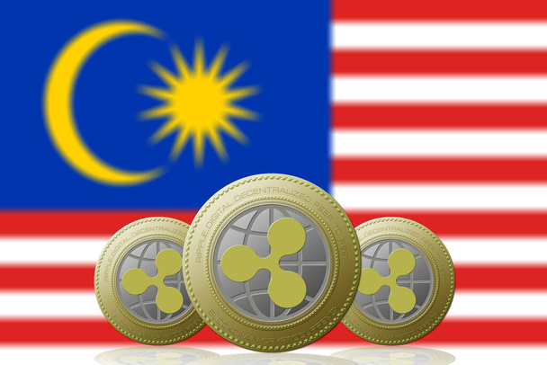 3D ILLUSTRATION Drei-RIPPLE-Kryptowährung mit Malaysia-Flagge im Hintergrund - Foto, Bild