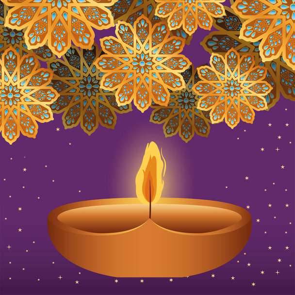 Feliz vela diwali e flores de ouro no projeto vetor de fundo roxo - Vetor, Imagem