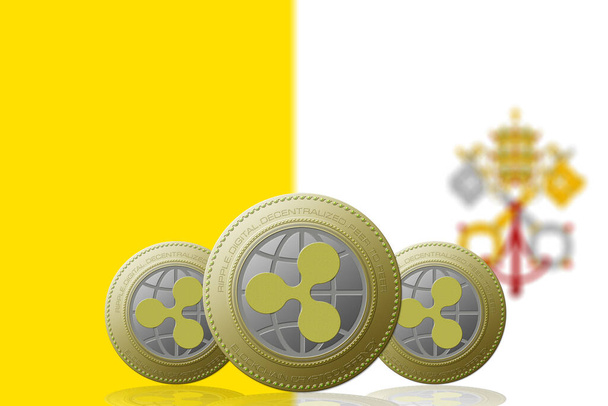 3Dイラスト背景にバチカンの旗を持つ3つのRIPPLE暗号通貨 - 写真・画像