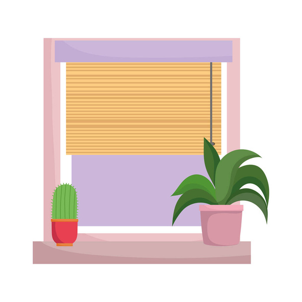 ventana maceta planta y cactus decoración aislado diseño fondo blanco - Vector, imagen