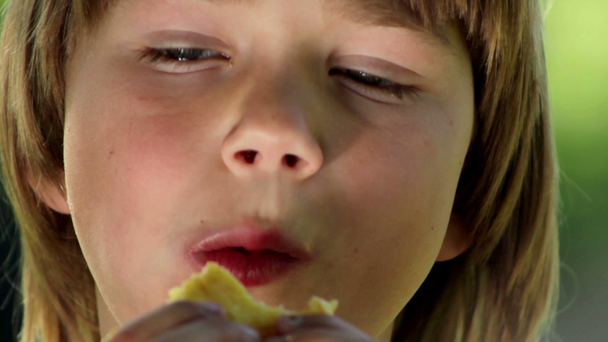 fiút, étvágyat eszik, egészséges étel szabadban, fiú palacsintát evés és ivás tej - Felvétel, videó