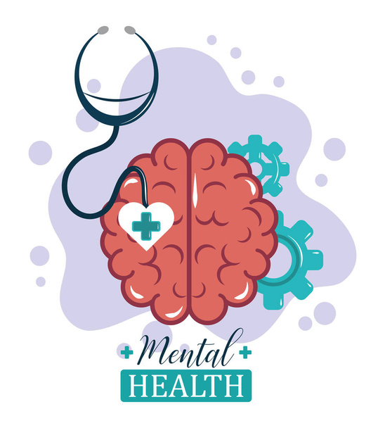 Zihinsel sağlık günü, beyin vites fonksiyonları steteskop, psikoloji tıbbi tedavi - Vektör, Görsel