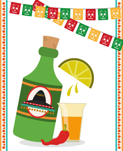 mexican independence day, tequila bottle shot lemon and chili pepper, celebrated on september - Vector, Image