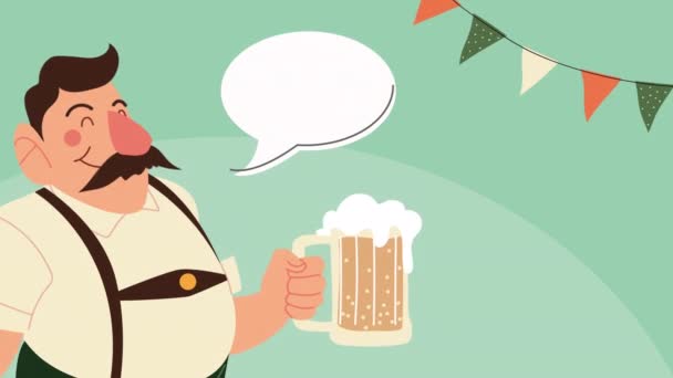 animação celebração oktoberfest com bêbado alemão levantando cervejas e guirlandas - Filmagem, Vídeo