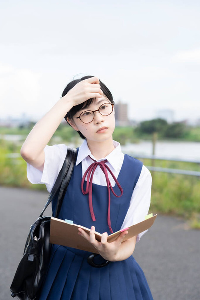 Asian female high school student studying with a serious expression outdoors - Fotó, kép