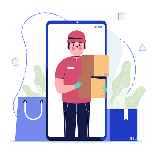 A courier with a package in his hands is shown on the screen of a mobile phone concept. Flat design vector illustration - Vector, Image