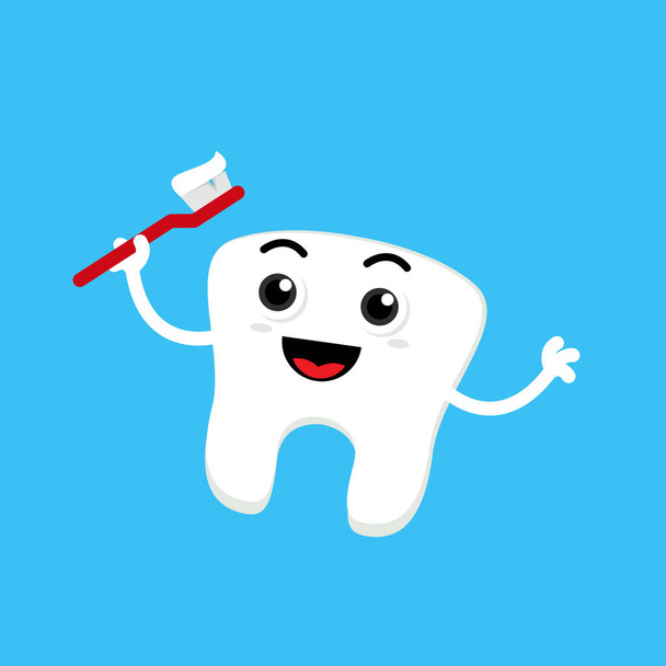 Illustrazione vettore grafico personaggio dei cartoni animati di denti carino portare spazzola e dentifricio - Vettoriali, immagini