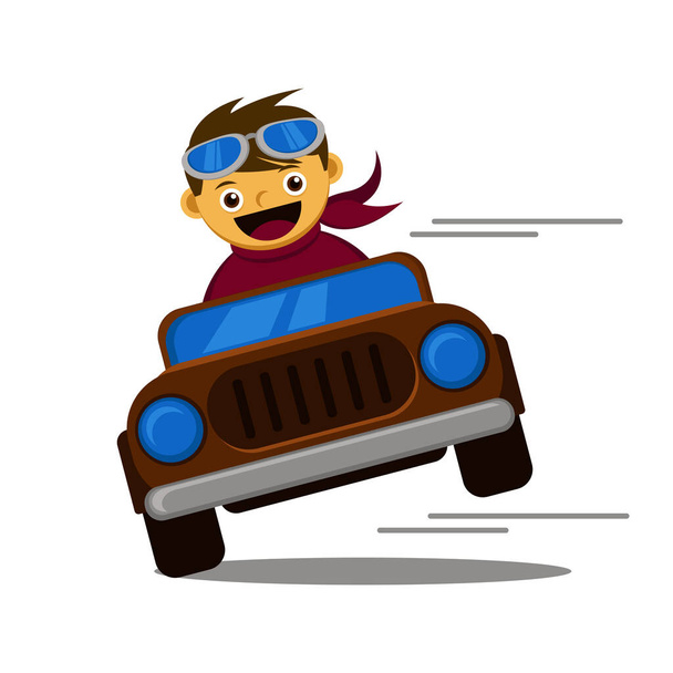 Illustrazione grafica vettoriale personaggio dei cartoni animati di ragazzo guidare un off road car giocattoli - Vettoriali, immagini