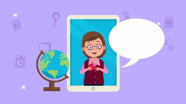 žena učitel animace postavy v smartphonu s mapou světa - Záběry, video