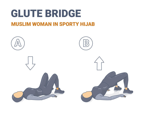 Muslim Girl Glute Bridge Γυμναστική Άσκηση Πολύχρωμο Έννοια - Διάνυσμα, εικόνα