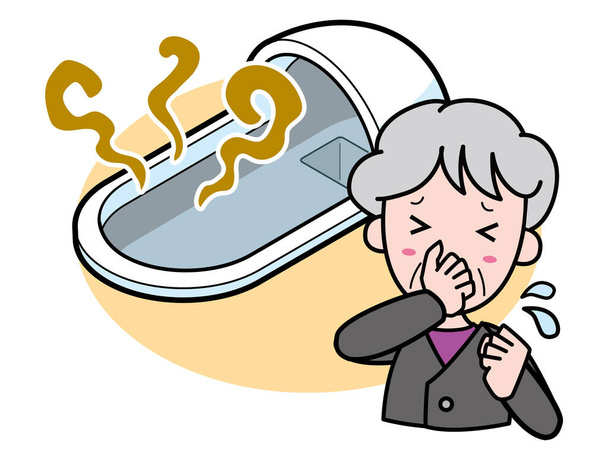Γιαγιά που είναι προβληματισμένη από την ιαπωνική τουαλέτα στυλ με μια ισχυρή μυρωδιά - Διάνυσμα, εικόνα