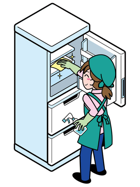Jovem mulher de um comerciante que limpa o interior da geladeira - Vetor, Imagem