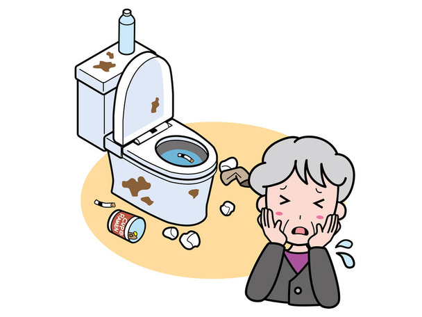 A grandmother in trouble with a Western-style toilet with scattered dust - Vector, Image