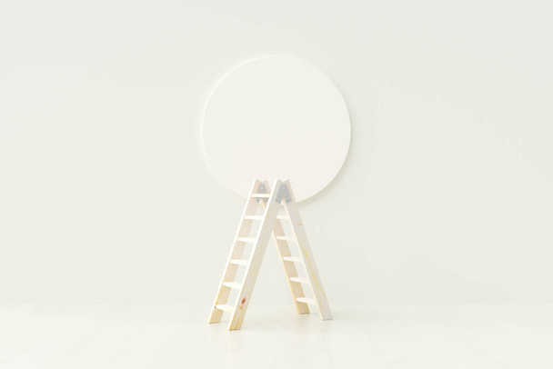 Wooden Ladder on white background with a circle stuck on the wall. Minimal idea concept, 3D render. - Photo, Image