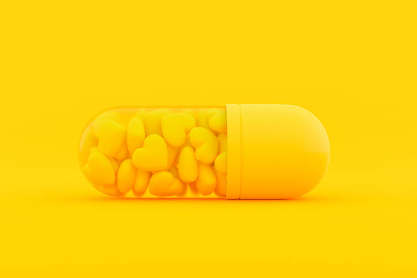 Capsules, inside which are filled with many yellow hearts. Minimal and Love background idea concept, 3D Render. - Photo, image