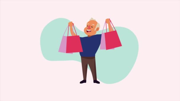 idős férfi bevásárló táskák animációs karakter - Felvétel, videó